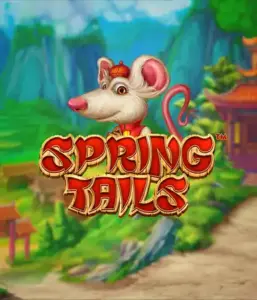 A charming illustration of a white rat dressed in traditional Chinese attire standing in a picturesque mountain backdrop. The image represents the Spring Tails Slot by Betsoft, highlighted with prominent gold and red logo text.